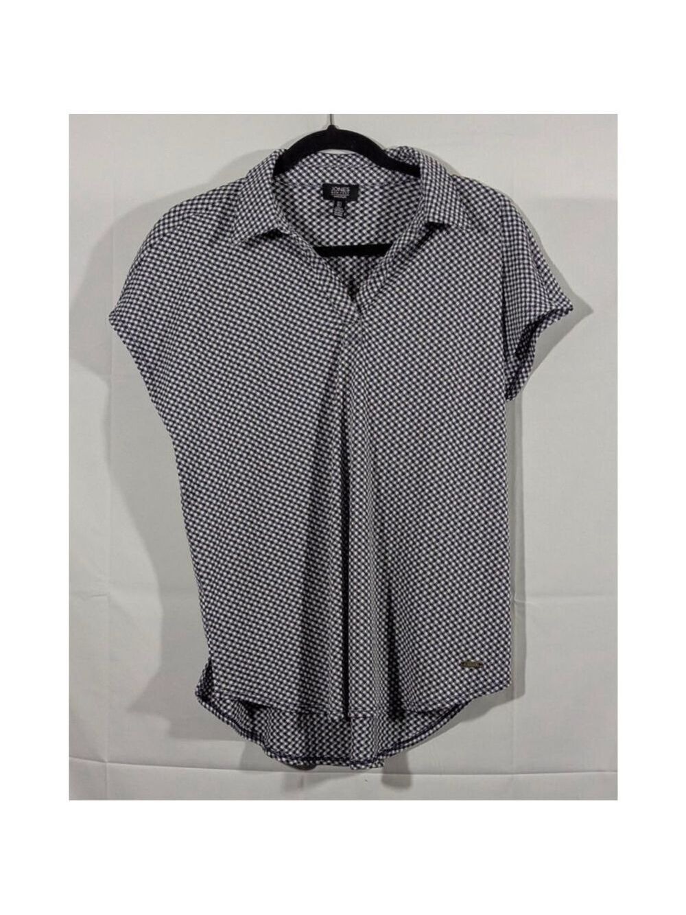 Jones New York Navy Gingham Button Front Blouse Large